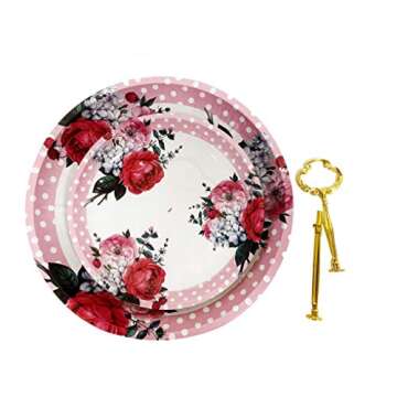 Charmed Vintage Floral pattern 2 tier cake and pastry stand server (Pink Red Roses)