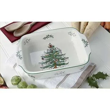 Spode Christmas Tree Large Rectangular Handled Dish, Deep Baking Pan (15" x 11") - Dishwasher Safe, Festive Tableware for Holiday Entertaining, Christmas Serveware & Seasonal Platters