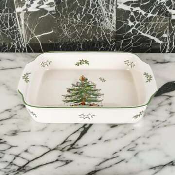 Spode Christmas Tree Large Rectangular Handled Dish, Deep Baking Pan (15" x 11") - Dishwasher Safe, Festive Tableware for Holiday Entertaining, Christmas Serveware & Seasonal Platters