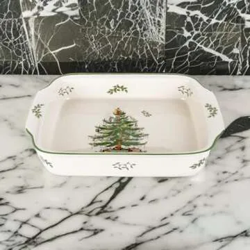 Spode Christmas Tree Large Rectangular Handled Dish, Deep Baking Pan (15" x 11") - Dishwasher Safe, Festive Tableware for Holiday Entertaining, Christmas Serveware & Seasonal Platters