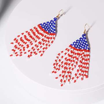 American Flag Beaded Tassel Earrings for Patriotic Women
