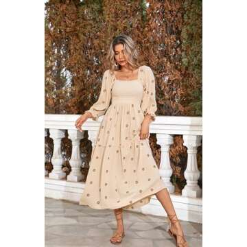R.Vivimos Women's Long Sleeve Cotton Boho Midi Dress Vintage Square Neck Floral Embroidered Tiered Ruffle Flowy Pockets Dress (Medium, Beige)