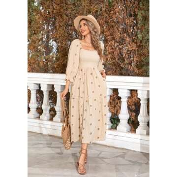 R.Vivimos Women's Long Sleeve Cotton Boho Midi Dress Vintage Square Neck Floral Embroidered Tiered Ruffle Flowy Pockets Dress (Medium, Beige)
