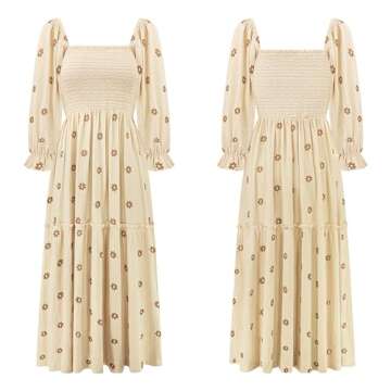R.Vivimos Women's Long Sleeve Cotton Boho Midi Dress Vintage Square Neck Floral Embroidered Tiered Ruffle Flowy Pockets Dress (Medium, Beige)