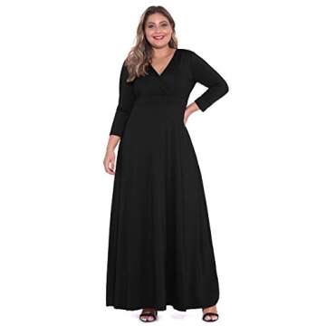 POSESHE Women's Solid V-Neck 3/4 Sleeve Plus Size Evening Party Maxi Dress Black 3X-Large