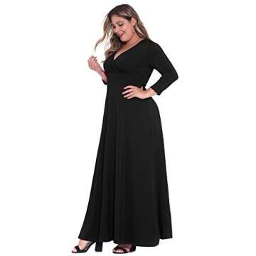 POSESHE Women's Solid V-Neck 3/4 Sleeve Plus Size Evening Party Maxi Dress Black 3X-Large