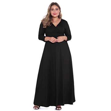 POSESHE Women's Solid V-Neck 3/4 Sleeve Plus Size Evening Party Maxi Dress Black 3X-Large