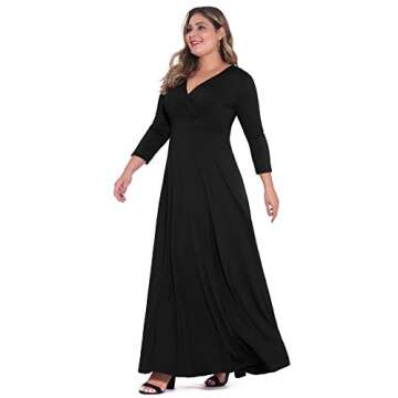 POSESHE Women's Solid V-Neck 3/4 Sleeve Plus Size Evening Party Maxi Dress Black 3X-Large