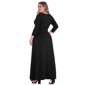 POSESHE Women's Solid V-Neck 3/4 Sleeve Plus Size Evening Party Maxi Dress Black 3X-Large
