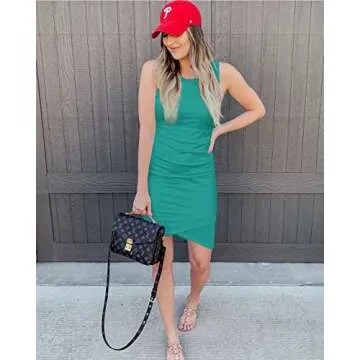 BTFBM Women 2025 Summer Sleeveless Tank Dresses Crew Neck Slim Fit Short Casual Ruched Bodycon Party...