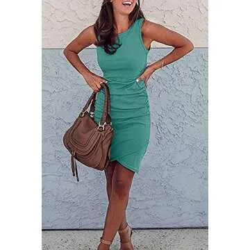 BTFBM Women 2025 Summer Sleeveless Tank Dresses Crew Neck Slim Fit Short Casual Ruched Bodycon Party Club Mini Dress(Light Green, Large)