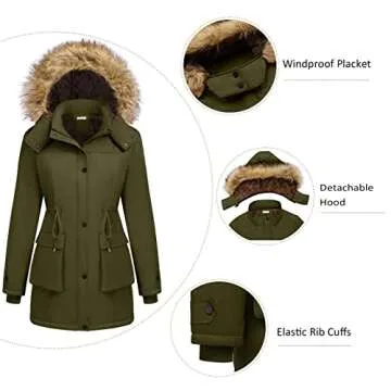 Beyove Women's Winter Thicken Military Parka Jacket Warm Cotton Coat with Faux Fur Line Hooded, Army Green 3X-Large