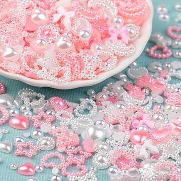 1200Pcs 3D Multi Shapes Nail Charms and Flatback AB Pearls, Pink&White Mix Styles Heart Star Bow Sun...