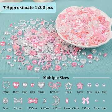 1200Pcs 3D Multi Shapes Nail Charms and Flatback AB Pearls, Pink&White Mix Styles Heart Star Bow Sunflower Embellishments for Nail Art, Craft and Decoration with Tweezer and Pickup Pencil