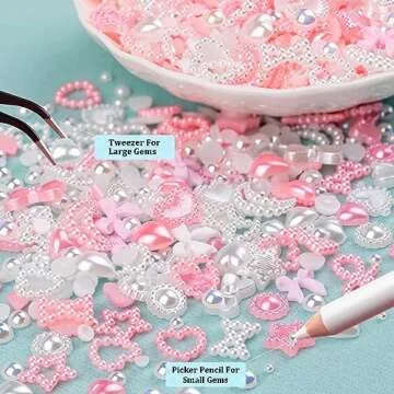 1200Pcs 3D Multi Shapes Nail Charms and Flatback AB Pearls, Pink&White Mix Styles Heart Star Bow Sunflower Embellishments for Nail Art, Craft and Decoration with Tweezer and Pickup Pencil
