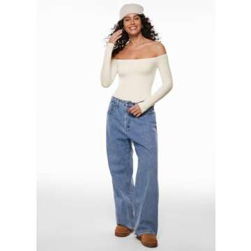 INLYRIC Women's Natrelax Off The Shoulder Bodysuit Long Sleeve Thong Sexy Bodycon Slim Fit Tops Leot...