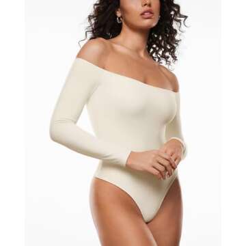 INLYRIC Women's Natrelax Off The Shoulder Bodysuit Long Sleeve Thong Sexy Bodycon Slim Fit Tops Leotard White Apricot X-Small