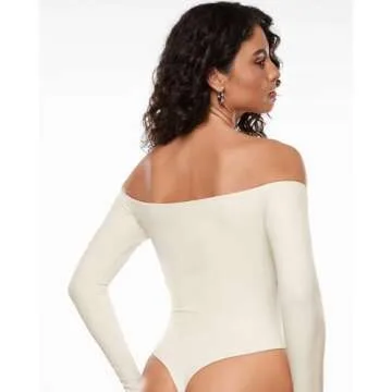 INLYRIC Women's Natrelax Off The Shoulder Bodysuit Long Sleeve Thong Sexy Bodycon Slim Fit Tops Leotard White Apricot X-Small
