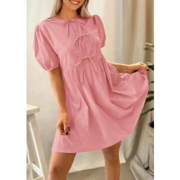PRETTYGARDEN Womens Summer Casual Short Sleeve Dresses A Line Bow Tie Front Babydoll Loose Cute Mini Dress with Pockets (Light Pink,Small)