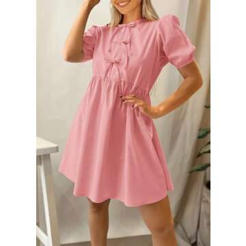 PRETTYGARDEN Womens Summer Casual Short Sleeve Dresses A Line Bow Tie Front Babydoll Loose Cute Mini Dress with Pockets (Light Pink,Small)