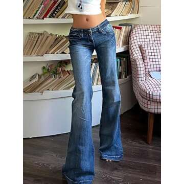 EMMIOL Women Jeans Vintage Flare Leg Y2K Denim Jeans Women Low Rise Jeans Vintage Y2K Outfits Straig...