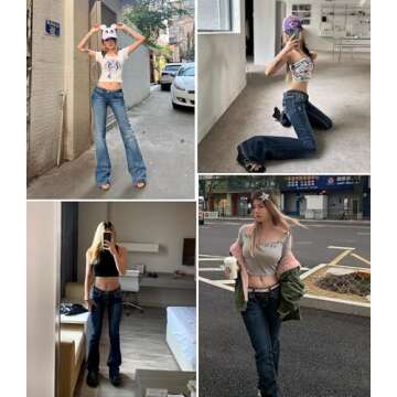 EMMIOL Women Jeans Vintage Flare Leg Y2K Denim Jeans Women Low Rise Jeans Vintage Y2K Outfits Straight Leg Denim Pants