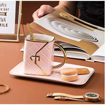 Anvirtue Handbag-Shaped Creative Ceramic Mug With Saucer Porcelain Tray & Spoon for Coffee, Hot Chocolate, Cappuccino, and Latte Breakfast (PINK)