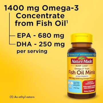 Nature Made Extra Strength Burp Less Omega 3 Fish Oil 1400 mg Minis, Fish Oil Supplements as Ethyl Esters for Healthy Heart, Brain and Eyes Support, Omega 3 Supplement, 60 Softgels, 30 Day Supply