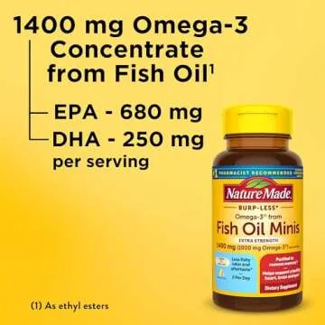 Nature Made Extra Strength Burp Less Omega 3 Fish Oil 1400 mg Minis, Fish Oil Supplements as Ethyl Esters for Healthy Heart, Brain and Eyes Support, Omega 3 Supplement, 60 Softgels, 30 Day Supply