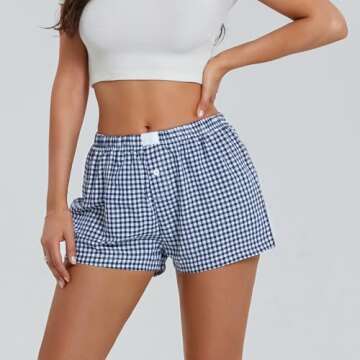 Women's Y2K Lounge Shorts Cute Soft Elastic Low Waist Plaid Print Button Front Pajama Bottoms Boxer Shorts Sleepwear (Dark Blue, S)