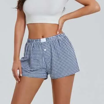 Women's Y2K Lounge Shorts Cute Soft Elastic Low Waist Plaid Print Button Front Pajama Bottoms Boxer Shorts Sleepwear (Dark Blue, S)