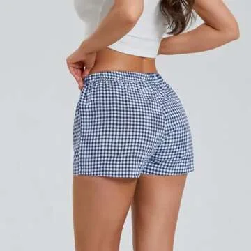 Women's Y2K Lounge Shorts Cute Soft Elastic Low Waist Plaid Print Button Front Pajama Bottoms Boxer Shorts Sleepwear (Dark Blue, S)