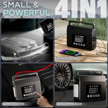 Hieha 4000A Portable Jump Starter with Air Compressor, 12V Car Battery Power (All Gas 8L Diesel) wit...