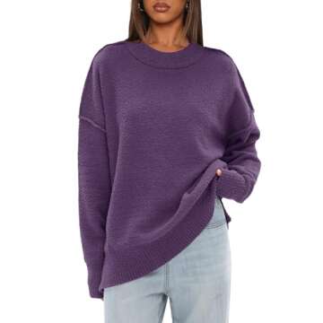 Darong Women Oversized Fuzzy Knit Sweater Long Sleeve Crew Neck Pullover Sweaters Fall Cloth 9101 Purple S