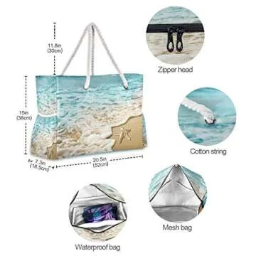 senya Large Beach Bags Totes Swim Canvas Tote Shoulder Bag Water Resistant Bags for Gym Travel Daily (Sandy Beach Starfish)