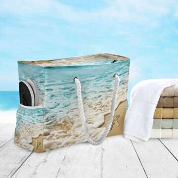 senya Large Beach Bags Totes Swim Canvas Tote Shoulder Bag Water Resistant Bags for Gym Travel Daily (Sandy Beach Starfish)