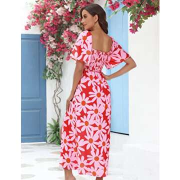Boho Dress for Women Midi Dress Floral Summer Dress Hot Pink Daisy Bohemian Casual Ruffled Short Sleeve Dress Hawaiian Flowy Cut Out Swing Dress Square Neck Tie Front Cutout Split Western