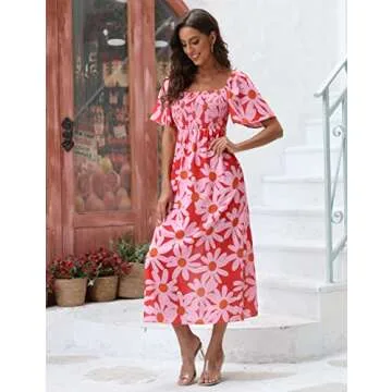 Boho Dress for Women Midi Dress Floral Summer Dress Hot Pink Daisy Bohemian Casual Ruffled Short Sleeve Dress Hawaiian Flowy Cut Out Swing Dress Square Neck Tie Front Cutout Split Western