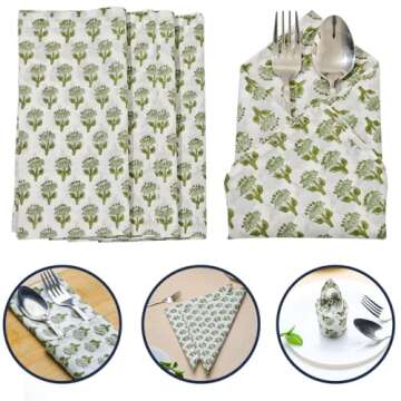 CPC Cloth Napkins Set of 6 Cotton Printed Dinner Block Print Napkins I Wedding Cocktail Cloth Floral Napkins I 18x18 in I Emerald Green