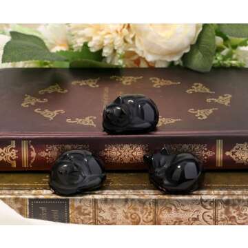 LAIDANLA Black Obsidian Sleeping Cat Statue Healing Crystals Hand Carved Cute Kitten Figurine Sculpt...