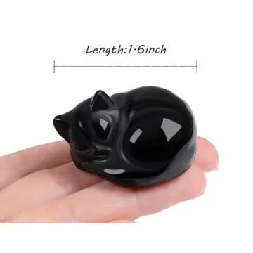 LAIDANLA Black Obsidian Sleeping Cat Statue Healing Crystals Hand Carved Cute Kitten Figurine Sculpture 1.6" Glossy Gemstone Decor Polished Stone Reiki Office Room Bedroom Desk Home Decoration Gifts