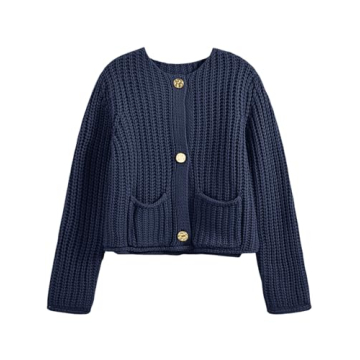 Saodimallsu Womens Button Up Sweaters Fall Chunky Knit Cropped Trendy Crewneck Loose Cardigan with P...