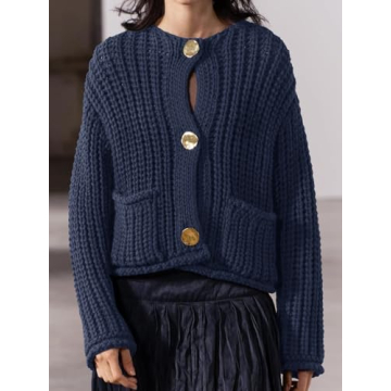 Saodimallsu Womens Button Up Sweaters Fall Chunky Knit Cropped Trendy Crewneck Loose Cardigan with Pockets Navy