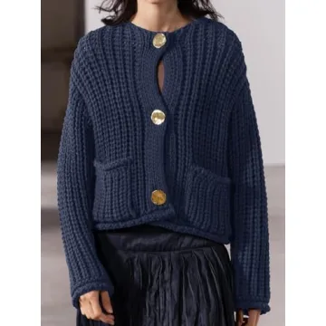 Saodimallsu Womens Button Up Sweaters Fall Chunky Knit Cropped Trendy Crewneck Loose Cardigan with Pockets Navy