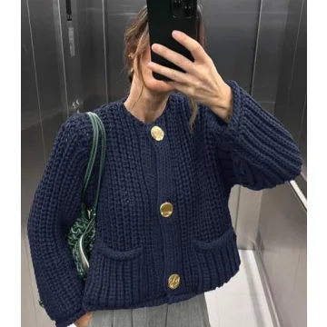 Saodimallsu Womens Button Up Sweaters Fall Chunky Knit Cropped Trendy Crewneck Loose Cardigan with Pockets Navy