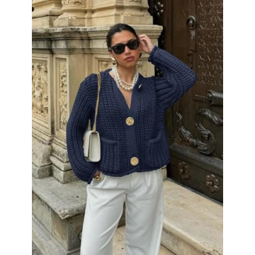 Saodimallsu Womens Button Up Sweaters Fall Chunky Knit Cropped Trendy Crewneck Loose Cardigan with Pockets Navy