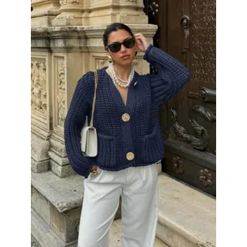 Saodimallsu Womens Button Up Sweaters Fall Chunky Knit Cropped Trendy Crewneck Loose Cardigan with Pockets Navy