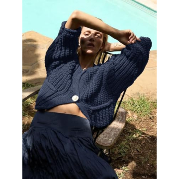 Saodimallsu Womens Button Up Sweaters Fall Chunky Knit Cropped Trendy Crewneck Loose Cardigan with Pockets Navy