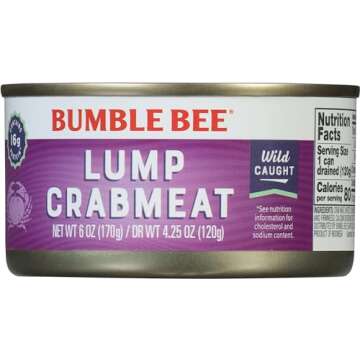 Bumble Bee Lump Crab Meat, 6 oz Can - 16g Protein & 1g Carb Per Serving - Wild Caught, Small Chunks,...