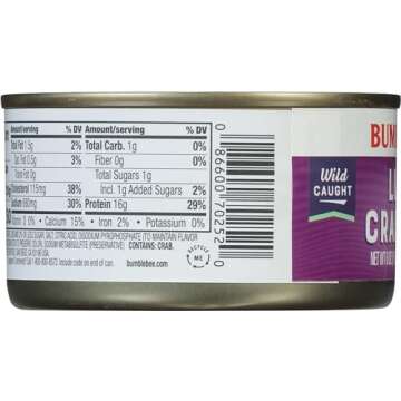 Bumble Bee Lump Crab Meat, 6 oz Can - 16g Protein & 1g Carb Per Serving - Wild Caught, Small Chunks, Drain Before Use
